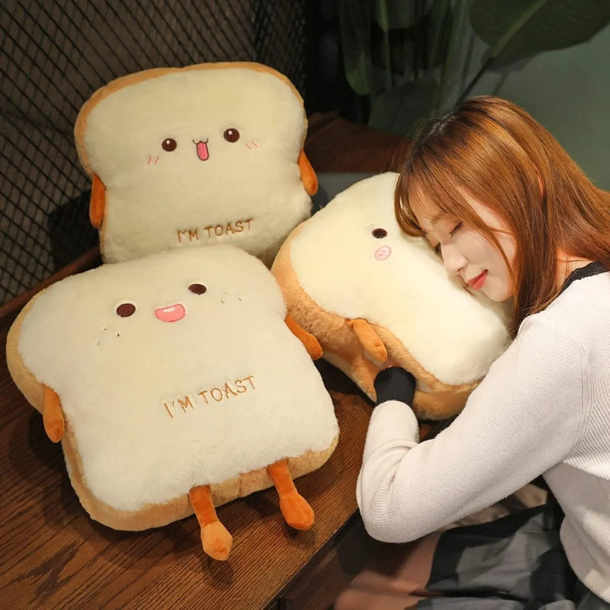 Funny Toast Plush Travel Pillow Hand Warmer Nap Pillow Cute Plush Bread Toy Soft Washable Seat Cushion Pad for Car, Office and Home, Happy