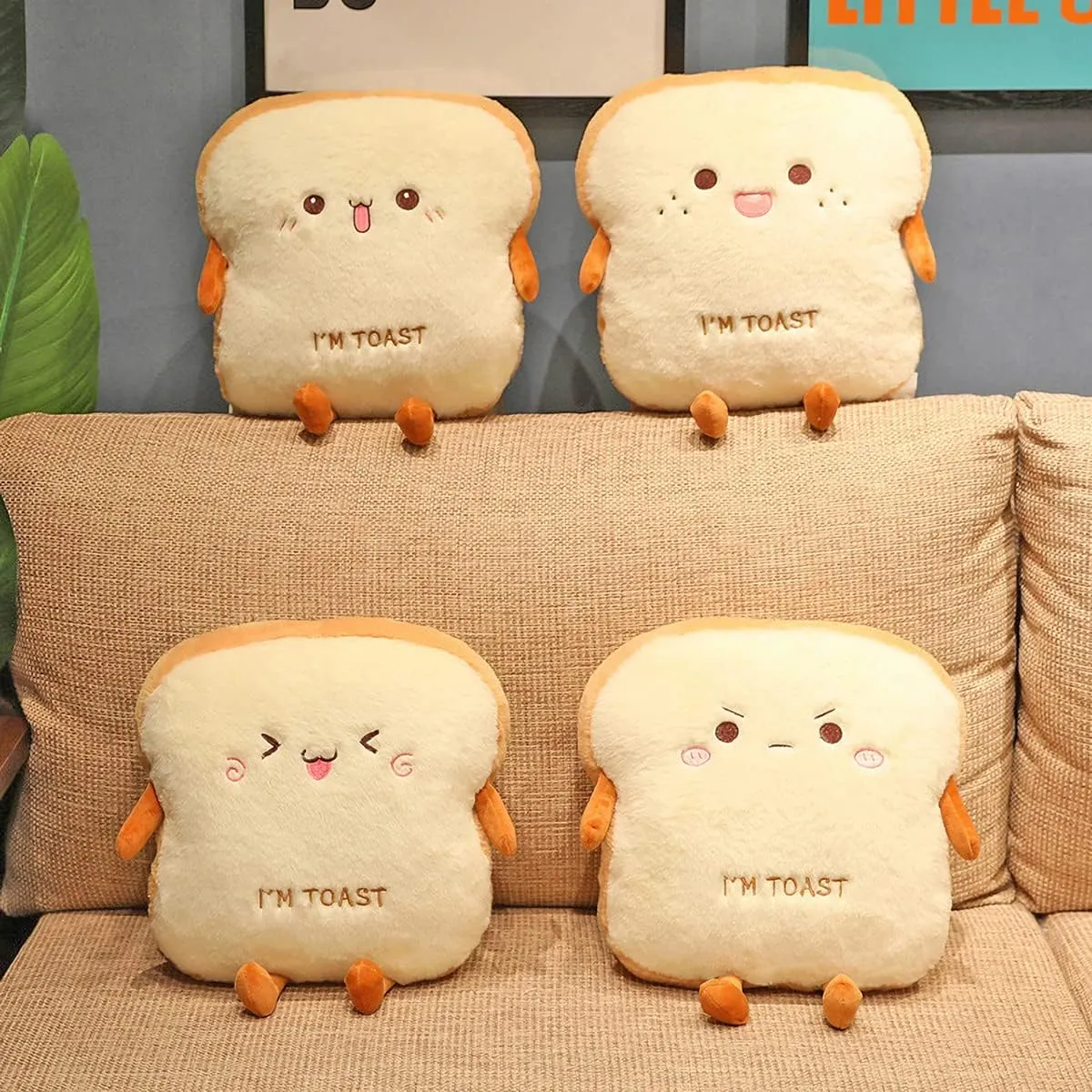 Funny Toast Plush Travel Pillow Hand Warmer Nap Pillow Cute Plush Bread Toy Soft Washable Seat Cushion Pad for Car, Office and Home, Happy