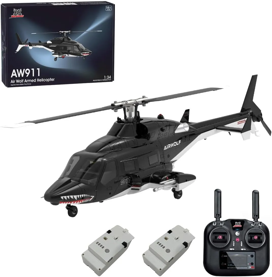 FunXylophy RC Helicopter for Adult, WOLFBUSH AW-911 Air-Wolf RC Helicopter, 1/34 Scale 2.4G 9CH Flybarless with 6G/3D Stunt Mode and One-Key Takeoff/Landing, GPS Positioning (RTF Version)