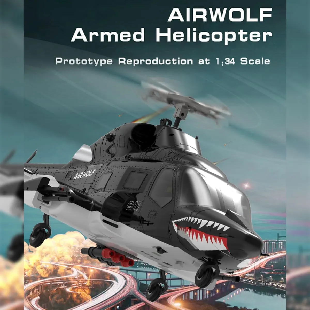FunXylophy RC Helicopter for Adult, WOLFBUSH AW-911 Air-Wolf RC Helicopter, 1/34 Scale 2.4G 9CH Flybarless with 6G/3D Stunt Mode and One-Key Takeoff/Landing, GPS Positioning (RTF Version)