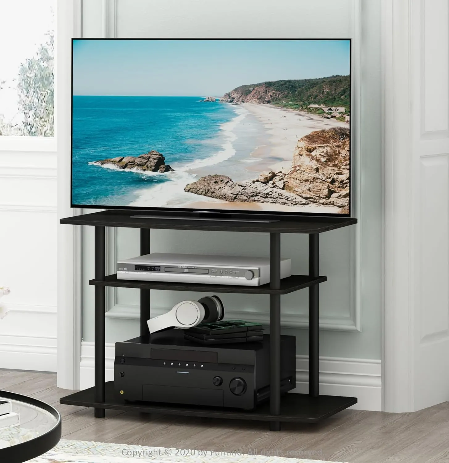 Furinno Turn-N-Tube No Tools 3-Tier Entertainment Center TV Stand for TV up to 32 Inch, Plastic Round Tubes, Espresso/black