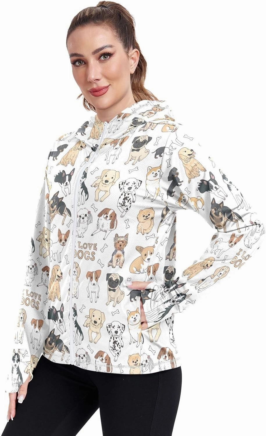 GAIGEO Cute Dogs White Women Jacket UPF 50  Hooded Rash Guard Women Thumb Holes Neck Protection, XXL