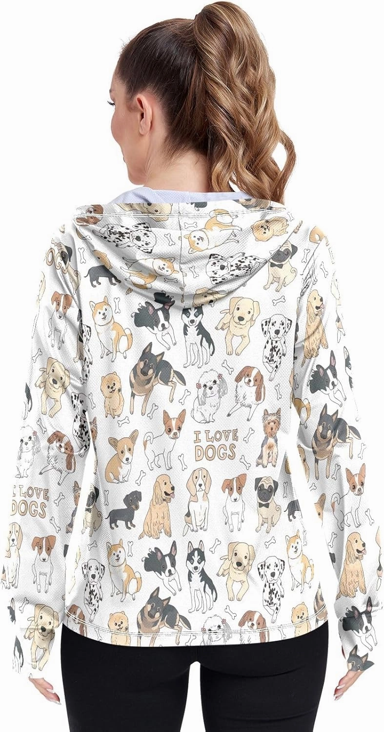 GAIGEO Cute Dogs White Women Jacket UPF 50  Hooded Rash Guard Women Thumb Holes Neck Protection, XXL