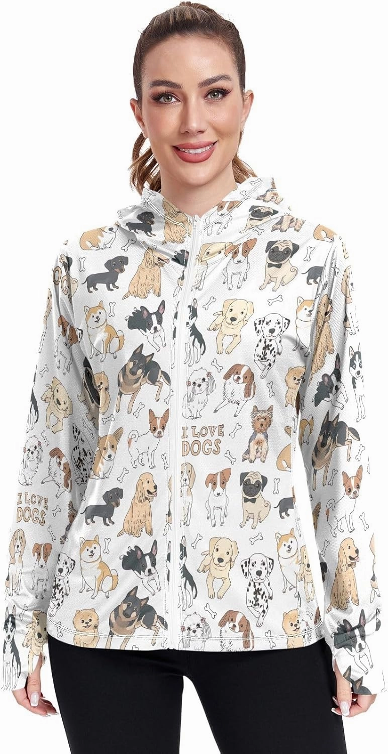 GAIGEO Cute Dogs White Women Jacket UPF 50  Hooded Rash Guard Women Thumb Holes Neck Protection, XXL