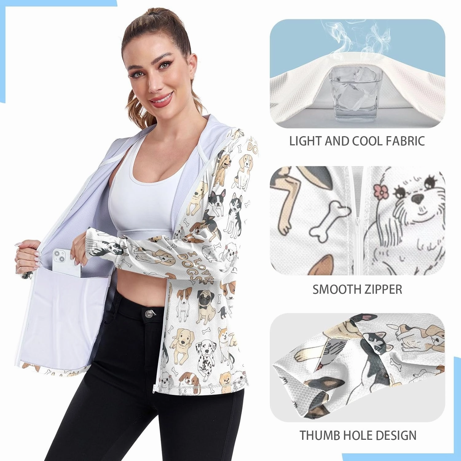 GAIGEO Cute Dogs White Women Jacket UPF 50  Hooded Rash Guard Women Thumb Holes Neck Protection, XXL