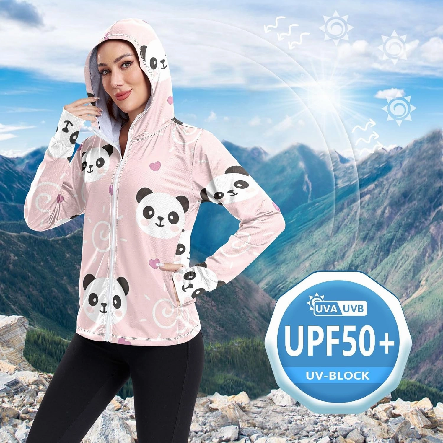 GAIGEO Cute Rabbit Doodle Style Women Jacket Breathable Women Uv Protection Clothing UPF 50 , with Zip Pockets, S