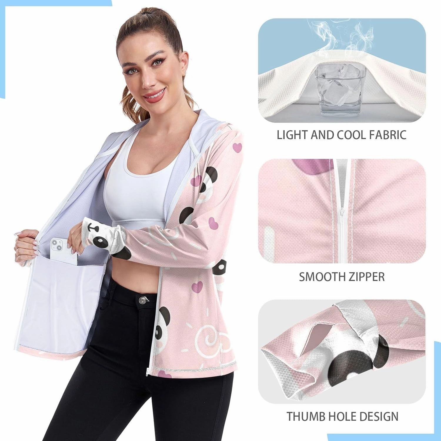 GAIGEO Cute Rabbit Doodle Style Women Jacket Breathable Women Uv Protection Clothing UPF 50 , with Zip Pockets, S