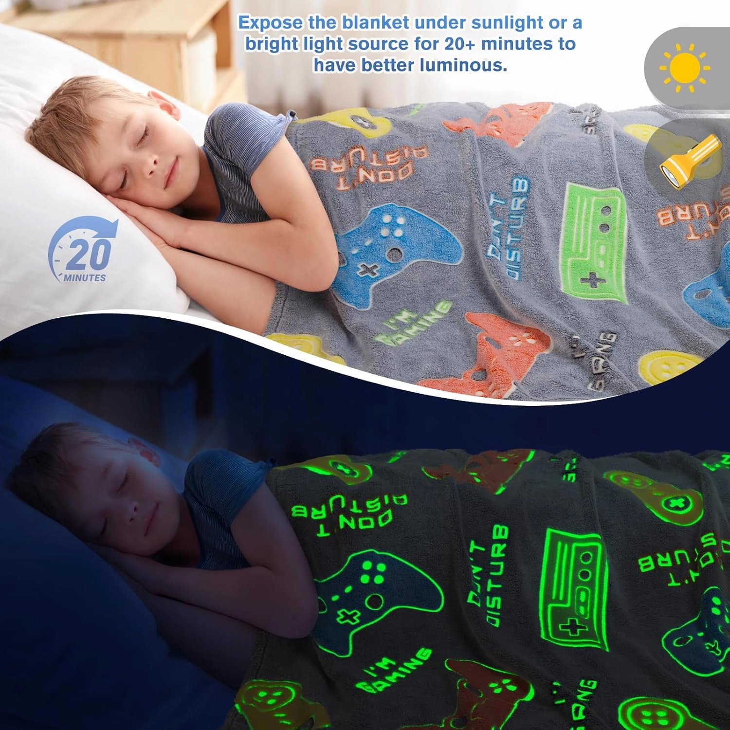 Gaming Blanket Toys Gifts for Boys - Glow in The Dark Game Controller Throw for Kids Age 1-14 Year Old Teens Child Toddler Son Birthday Christmas Valentines Easter Presents Gamer Room Decor 50"x60"
