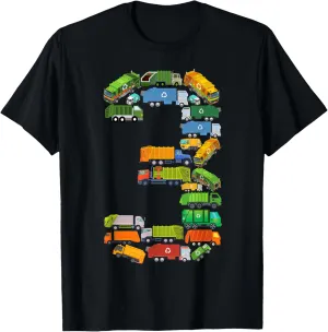 Garbage Truck 3rd Birthday Party Toddler 3 Year Old Boy Kids T-Shirt