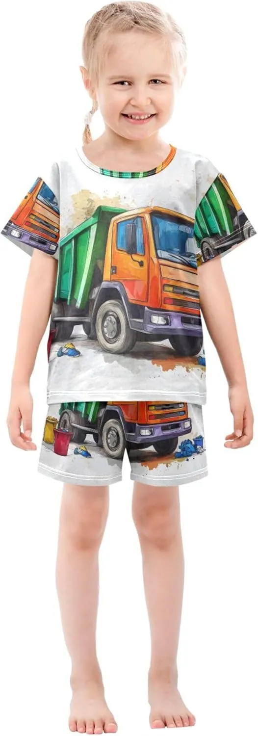 Garbage Truck Car Summer Pajamas Set 2 Piece Short Cotton Sleepwear 5-14 Years