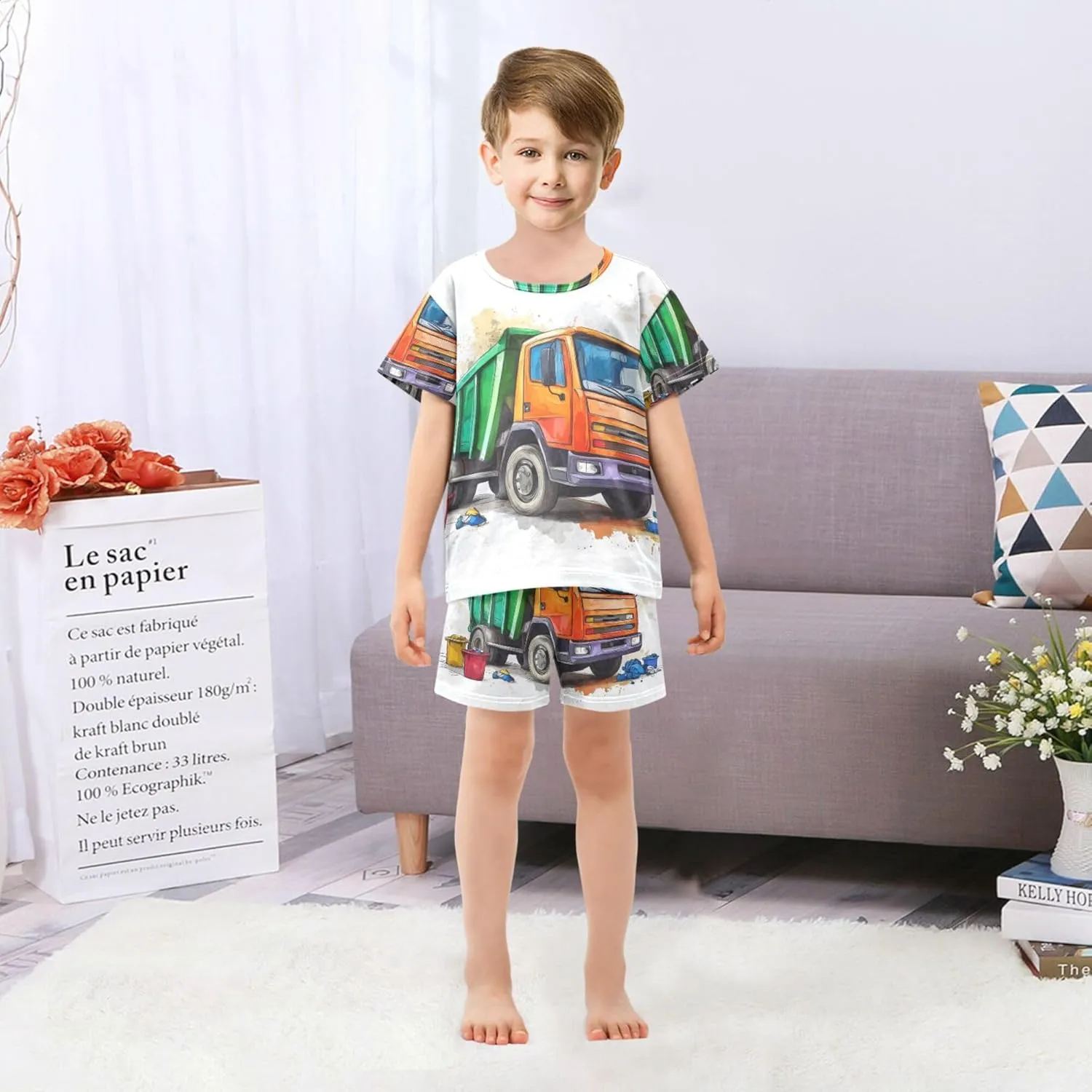Garbage Truck Car Summer Pajamas Set 2 Piece Short Cotton Sleepwear 5-14 Years
