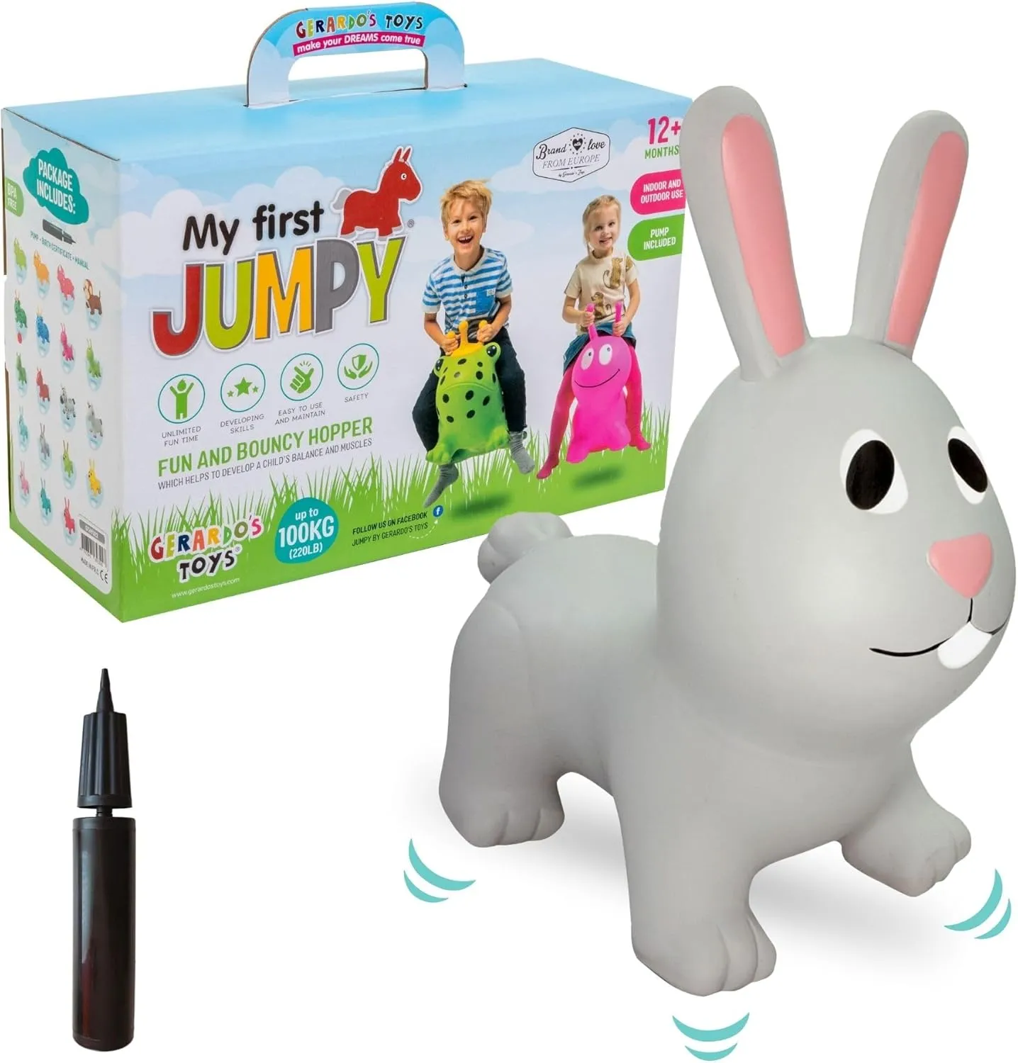 GERARDO'S Jumpy Toddler Bouncer - Animal Bouncy Bunny for Kids - Ride On Bouncy Animals for Toddlers 1-3 - Inflatable Hopper Toys for 1   Year Old Girl or Boy - Indoor and Outdoor Birthday Gifts