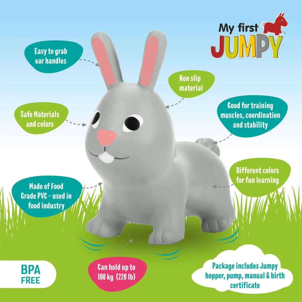 GERARDO'S Jumpy Toddler Bouncer - Animal Bouncy Bunny for Kids - Ride On Bouncy Animals for Toddlers 1-3 - Inflatable Hopper Toys for 1   Year Old Girl or Boy - Indoor and Outdoor Birthday Gifts