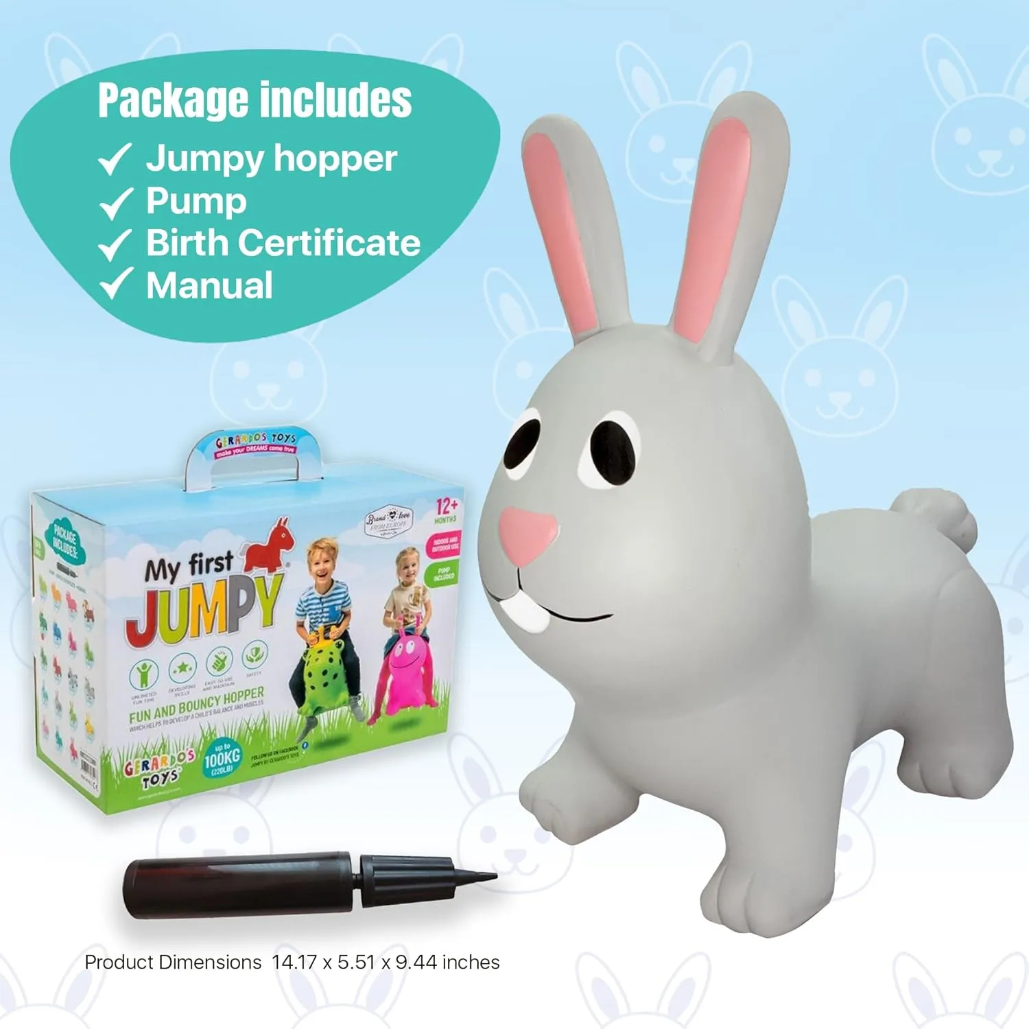 GERARDO'S Jumpy Toddler Bouncer - Animal Bouncy Bunny for Kids - Ride On Bouncy Animals for Toddlers 1-3 - Inflatable Hopper Toys for 1   Year Old Girl or Boy - Indoor and Outdoor Birthday Gifts