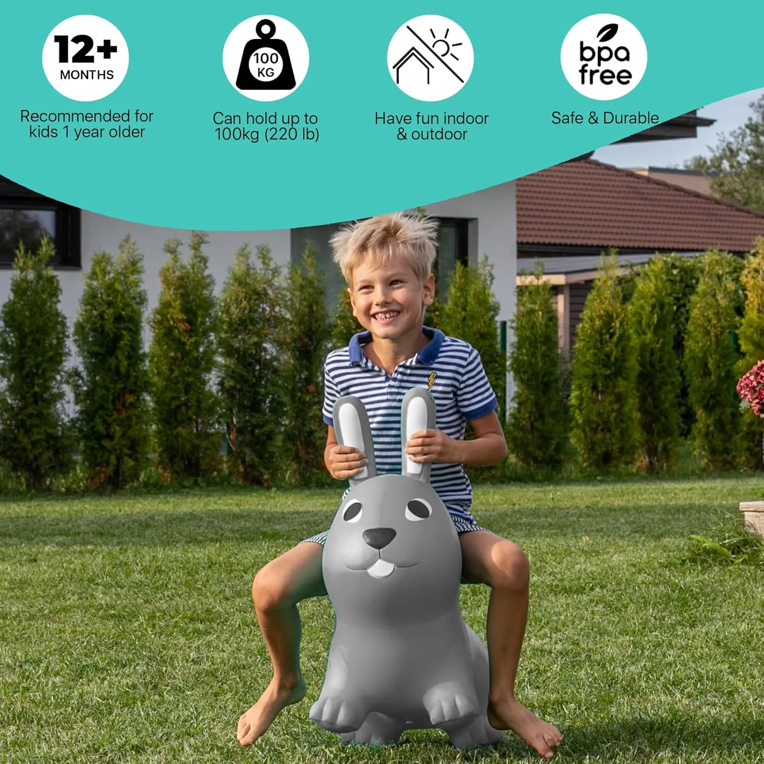 GERARDO'S Jumpy Toddler Bouncer - Animal Bouncy Bunny for Kids - Ride On Bouncy Animals for Toddlers 1-3 - Inflatable Hopper Toys for 1   Year Old Girl or Boy - Indoor and Outdoor Birthday Gifts