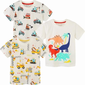 GFQLONG Toddlers Baby Boys Pack of 3 Cotton Short Sleeve Shirts Clothes Dinosaur Graphic T-Shirt Outfit