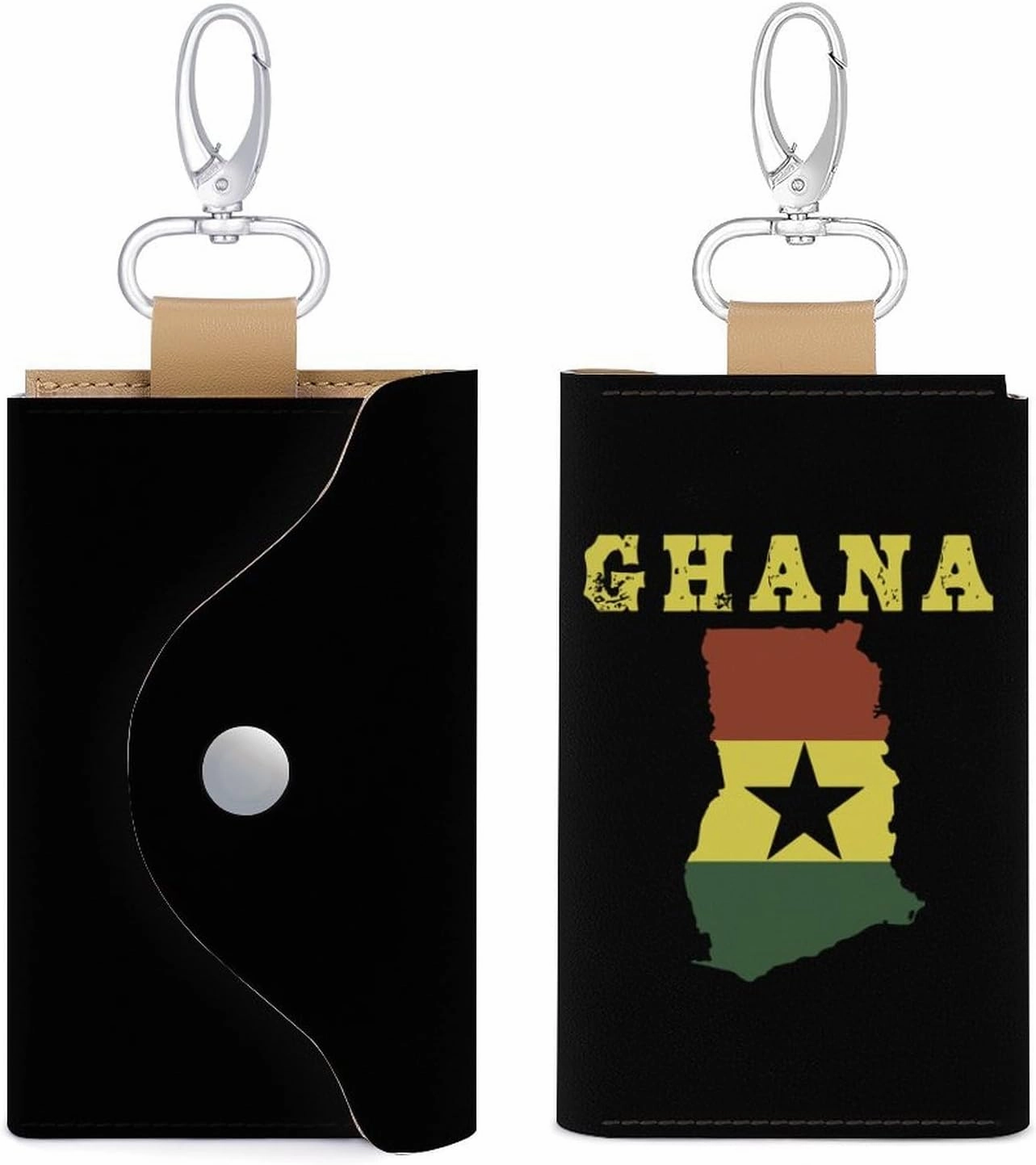 Ghana Flag Map Tri-Fold Key Case PU Leather Key Organizer Car Key Chains Wallet with 6 Hooks