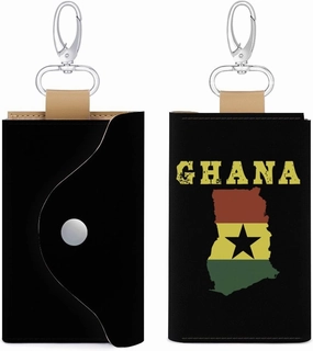 Ghana Flag Map Tri-Fold Key Case PU Leather Key Organizer Car Key Chains Wallet with 6 Hooks