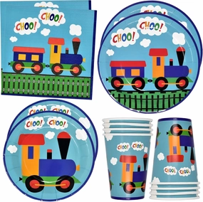 Gift Boutique 122 Pcs Train Party Supplies Set Paper Plate Cup Napkin for All Aboard Railroad Cars Trains Birthday Disposable Dinnerware Serves 24