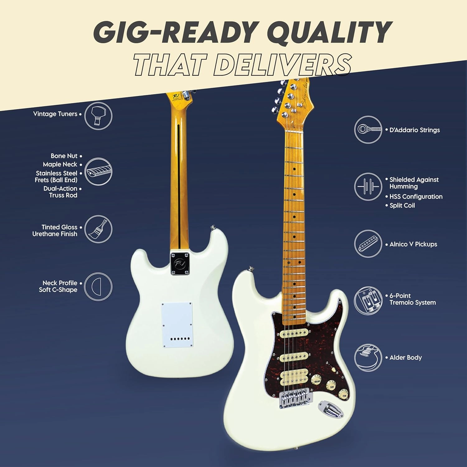 Gigline Skycaster Electric Guitar S-Type Full Size, Alder Body, Stainless Steel Frets (Ball End), Bone Nut, HSS Alnico V, Olympic White