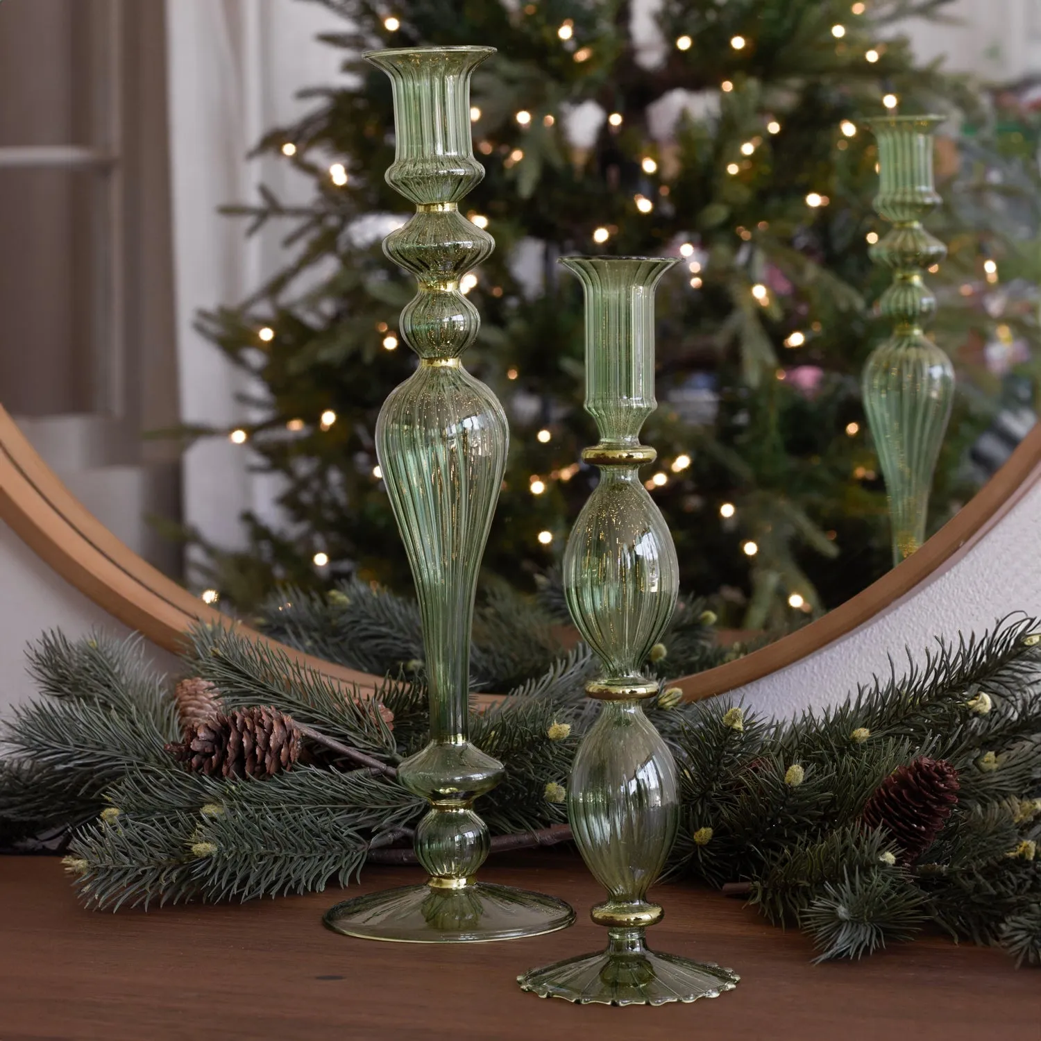 GLASS Cambridge Josephine 13.5" Candleholder set of 2 (Green and Gold)