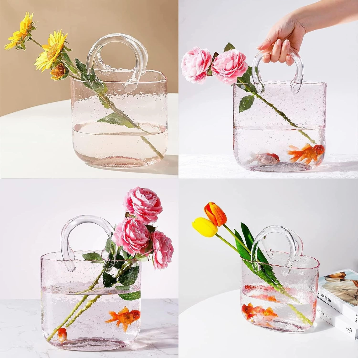 Glass Bag Vase for Flowers, Clear Purse Vases with Handle Glass Bag Vase for Flowers Flower for Vase, for Flowers/Home Décor/Office,Style2-Blue