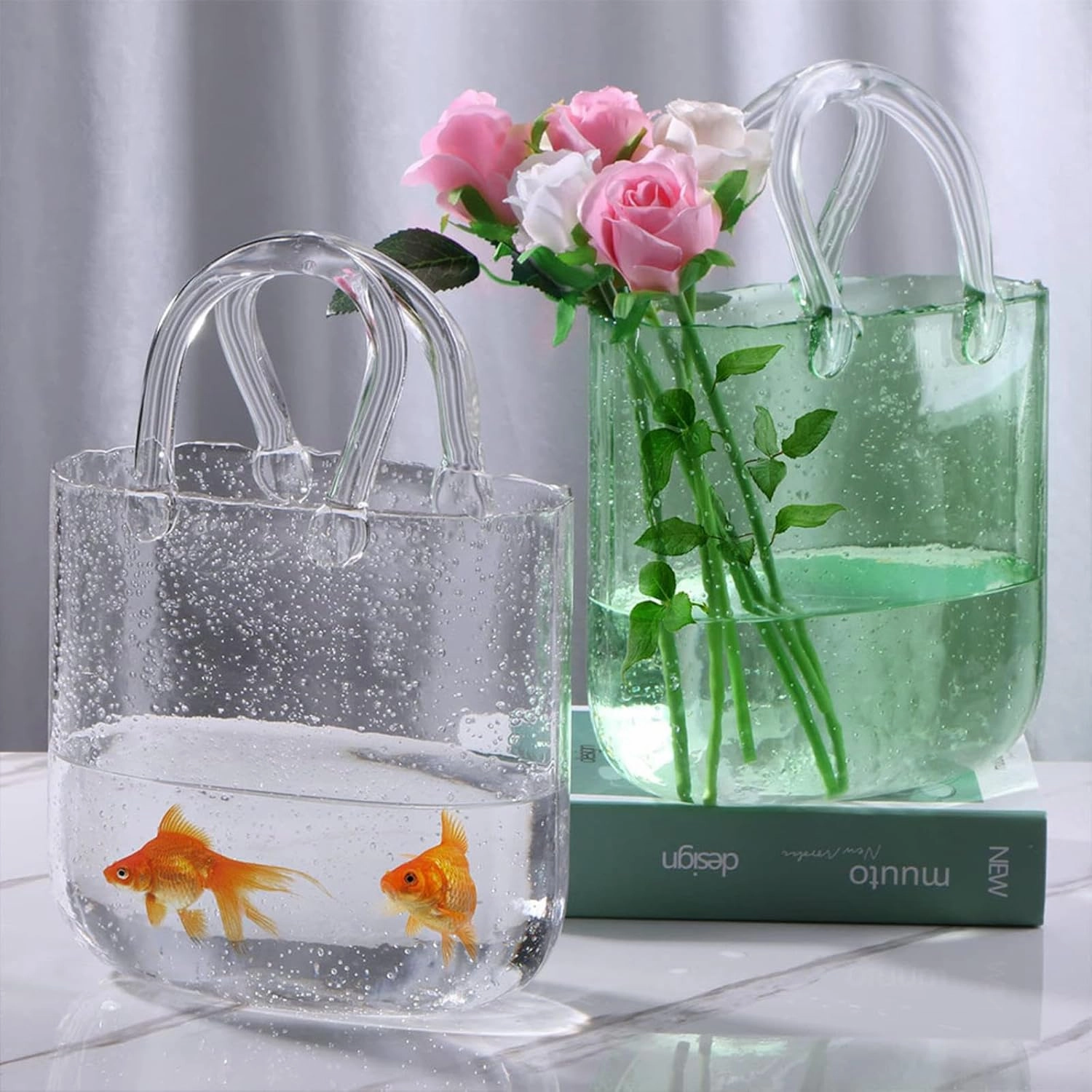 Glass Bag Vase for Flowers, Clear Purse Vases with Handle Glass Bag Vase for Flowers Flower for Vase, for Flowers/Home Décor/Office,Style2-Blue