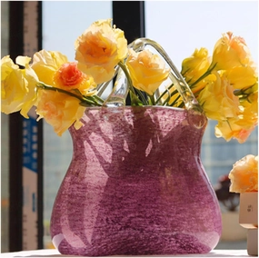 Glass Bag Vase for Flowers, Cute Bag Vase Clear Glass Vase Bag Shaped Vase, Glass Bag Vase for Decor,Purple