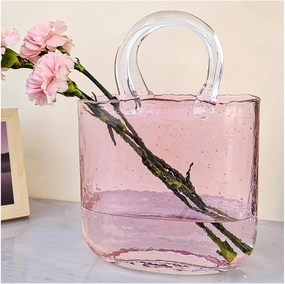 Glass Purse Vase for Flowers, Flower Vase with Handles Purse Vase with Fish Bowl Handbag Vases for Flowers, Modern Farmhouse Decor,Style1-Pink