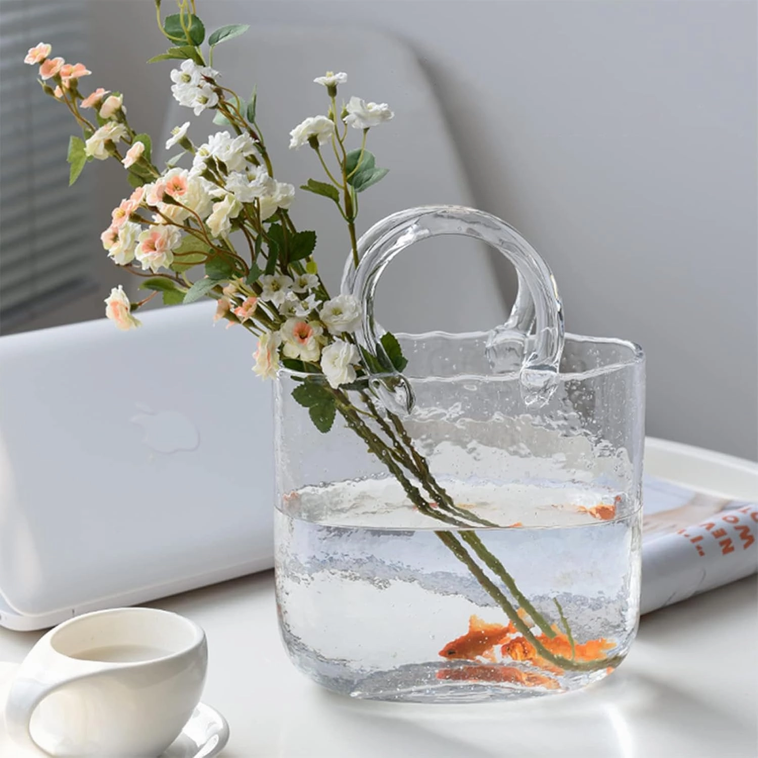 Glass Purse Vase for Flowers, Flower Vase with Handles Purse Vase with Fish Bowl Handbag Vases for Flowers, Modern Farmhouse Decor,Style1-Pink