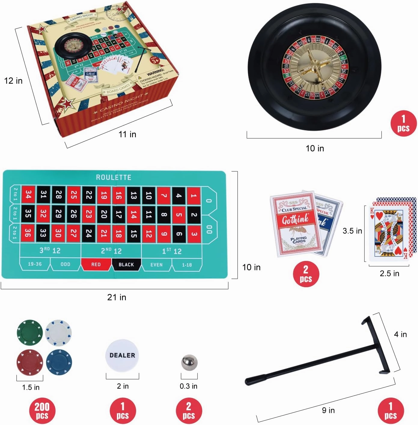 GOTHINK Roulette Wheel Game Set, Includes Roulette and Texas Hold’em Poker, Perfect for Parties and Holidays, Get for a Fun Casino Night! (Classic)