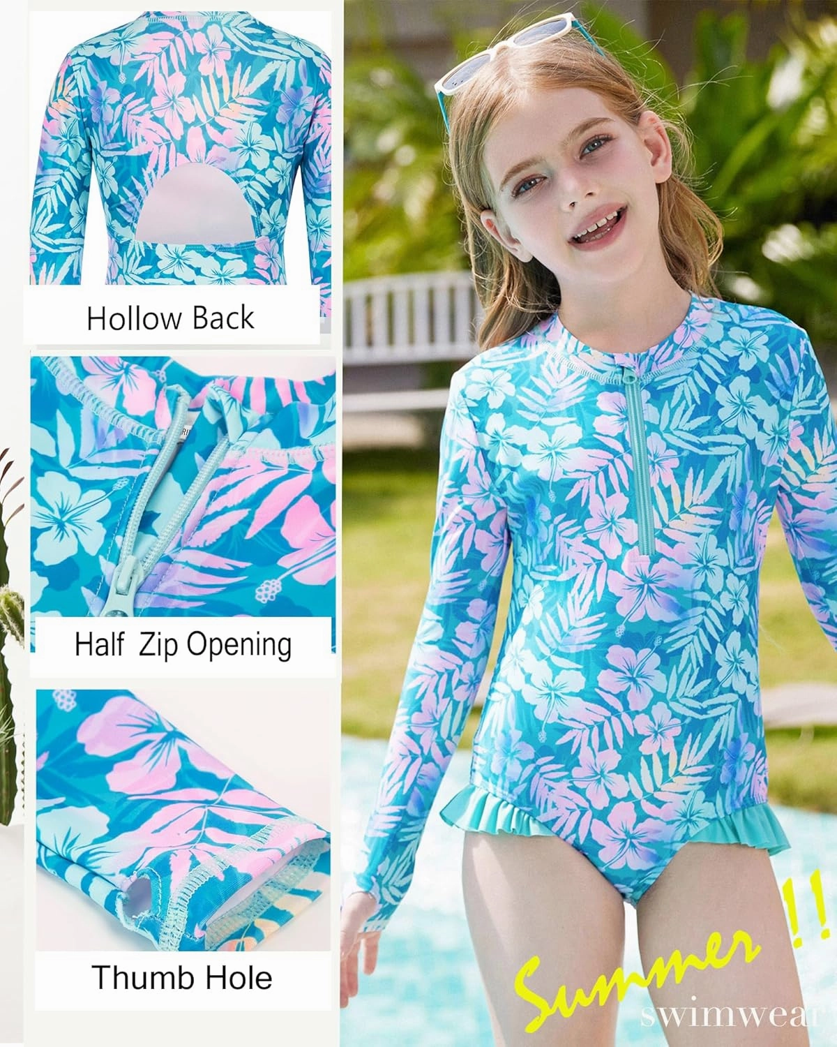 GRACE KARIN Girls One Piece Swimsuits Long Sleeve Bathing Suits Swimwear 5-14Y