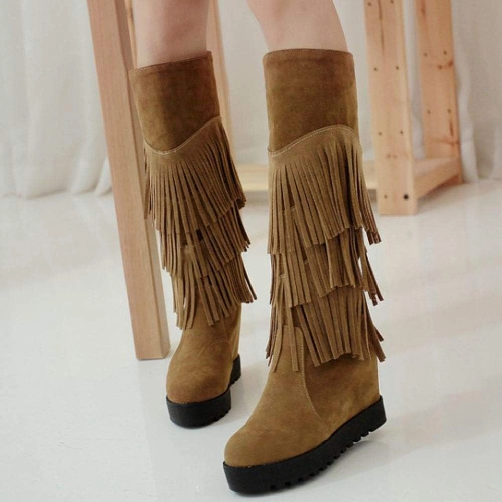 Gracemee Women Classic Wedges Heels Fringe Knee High Boots Pull On