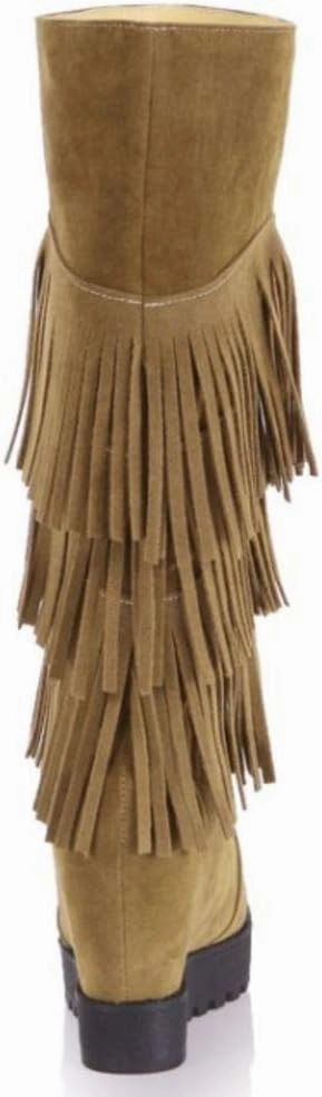 Gracemee Women Classic Wedges Heels Fringe Knee High Boots Pull On