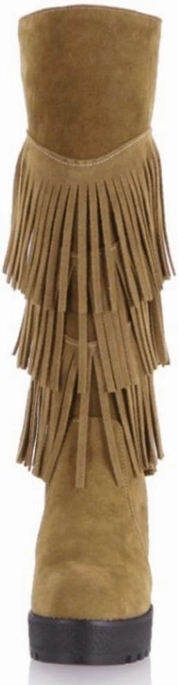 Gracemee Women Classic Wedges Heels Fringe Knee High Boots Pull On