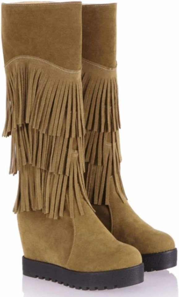 Gracemee Women Classic Wedges Heels Fringe Knee High Boots Pull On