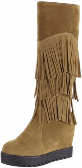 Gracemee Women Classic Wedges Heels Fringe Knee High Boots Pull On