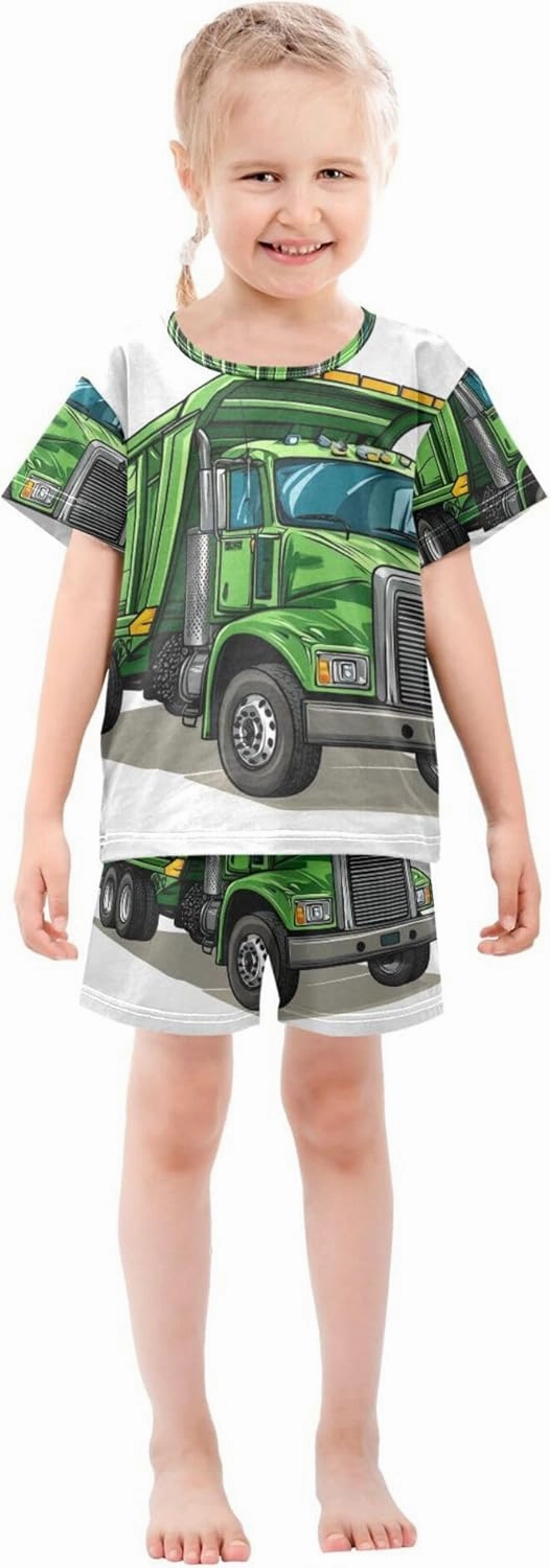 Green Garbage Truck Car Cute Summer Pajamas Short Set 2 Piece Sleepwear