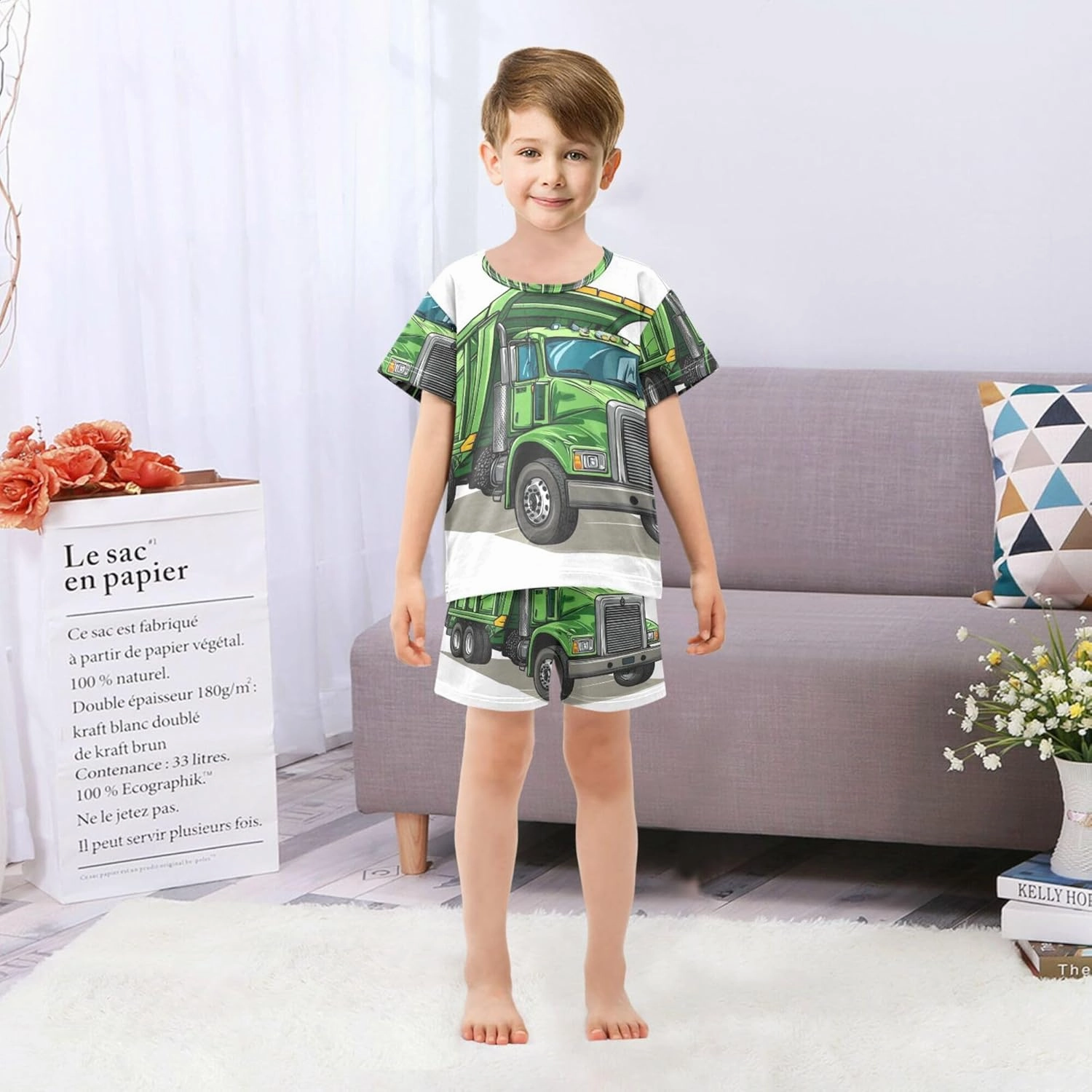 Green Garbage Truck Car Cute Summer Pajamas Short Set 2 Piece Sleepwear
