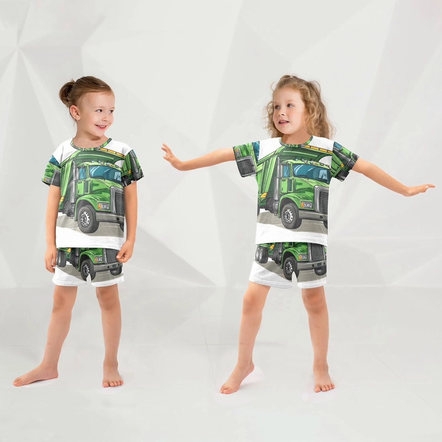 Green Garbage Truck Car Cute Summer Pajamas Short Set 2 Piece Sleepwear