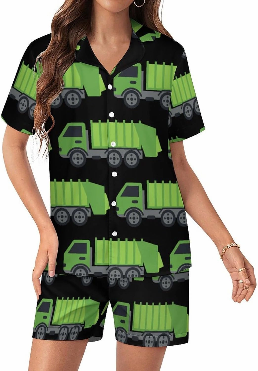 Green Garbage Truck Women's Pajamas Set Loungewear 2 Piece Sleepwear Short Sleeve Top Shorts