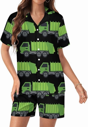 Green Garbage Truck Women's Pajamas Set Loungewear 2 Piece Sleepwear Short Sleeve Top Shorts