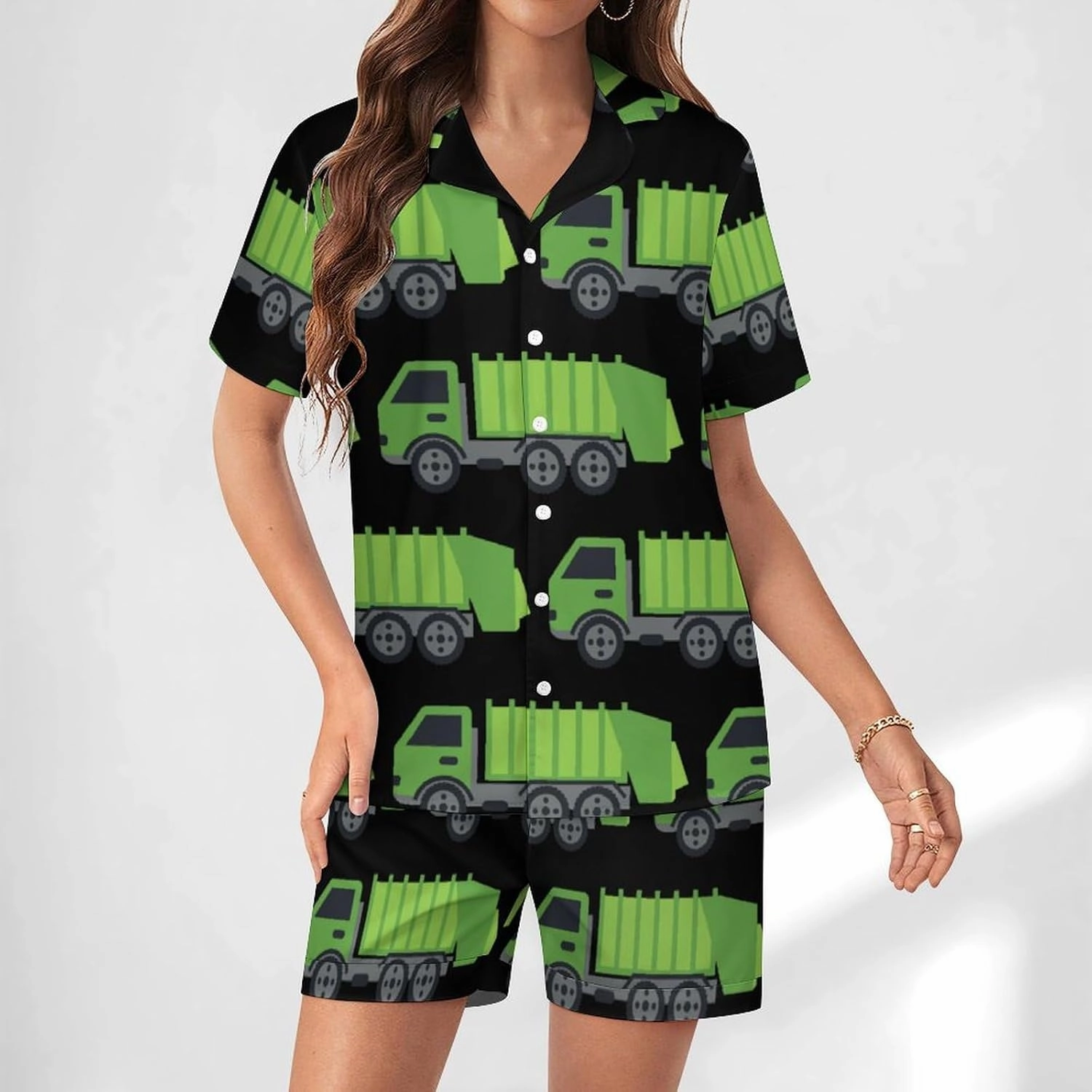 Green Garbage Truck Women's Pajamas Set Loungewear 2 Piece Sleepwear Short Sleeve Top Shorts