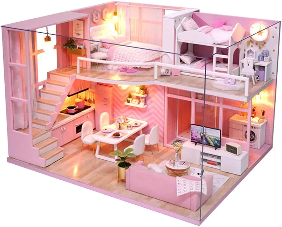 Greensen DIY Miniature House Mini House Model Wooden Dollhouse Miniature with Light Miniature House for Adults and Children Miniature Dollhouse Kit (Hut)