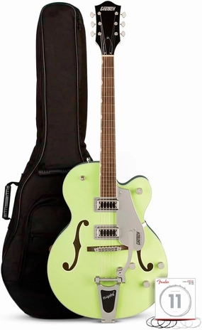 Gretsch G5420T Electromatic Classic Hollow Body Single Cut with Bigsby Two Tone Anniversary Green Electric Guitar Bundle with Gig Bag, and Nickel-Plated Steel Guitar Strings (3 Items)
