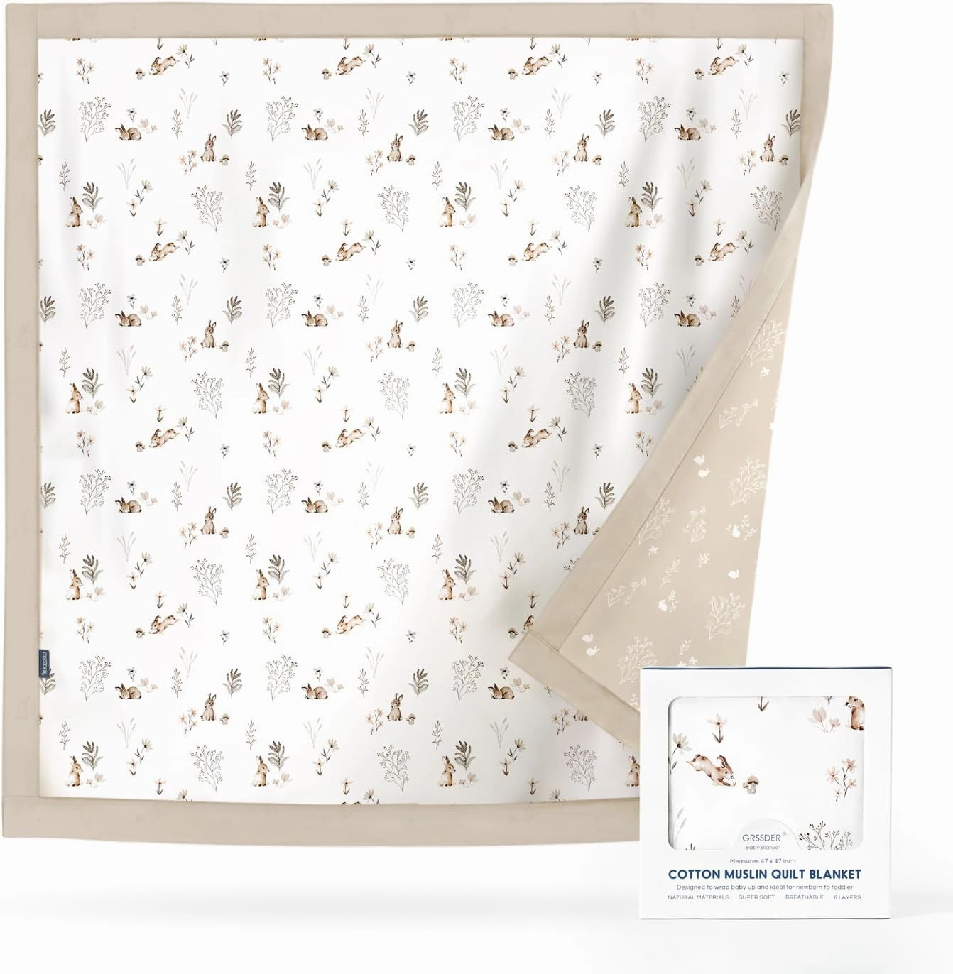 GRSSDER Cotton Muslin Quilt Blanket - Silky Soft and Breathable Baby Blanket Quilt, Oversized Muslin Blankets for Newborns, Toddlers & Kids, 6 Layers Reversible Design for All Seasons, 47" x 47"