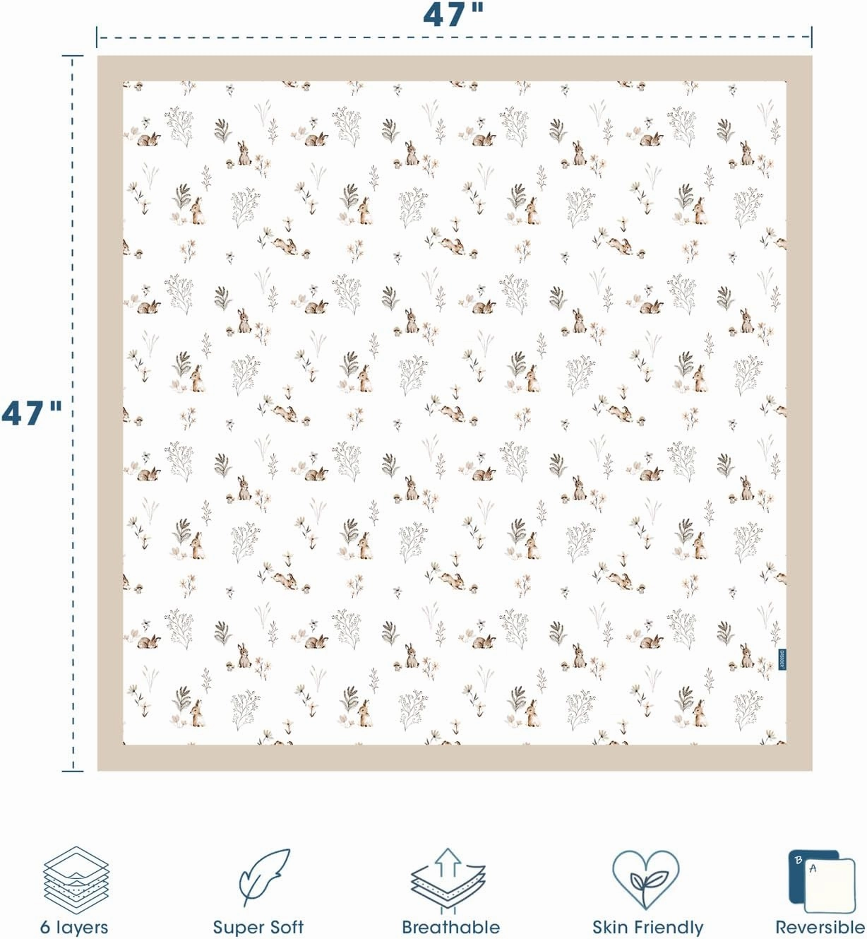 GRSSDER Cotton Muslin Quilt Blanket - Silky Soft and Breathable Baby Blanket Quilt, Oversized Muslin Blankets for Newborns, Toddlers & Kids, 6 Layers Reversible Design for All Seasons, 47" x 47"