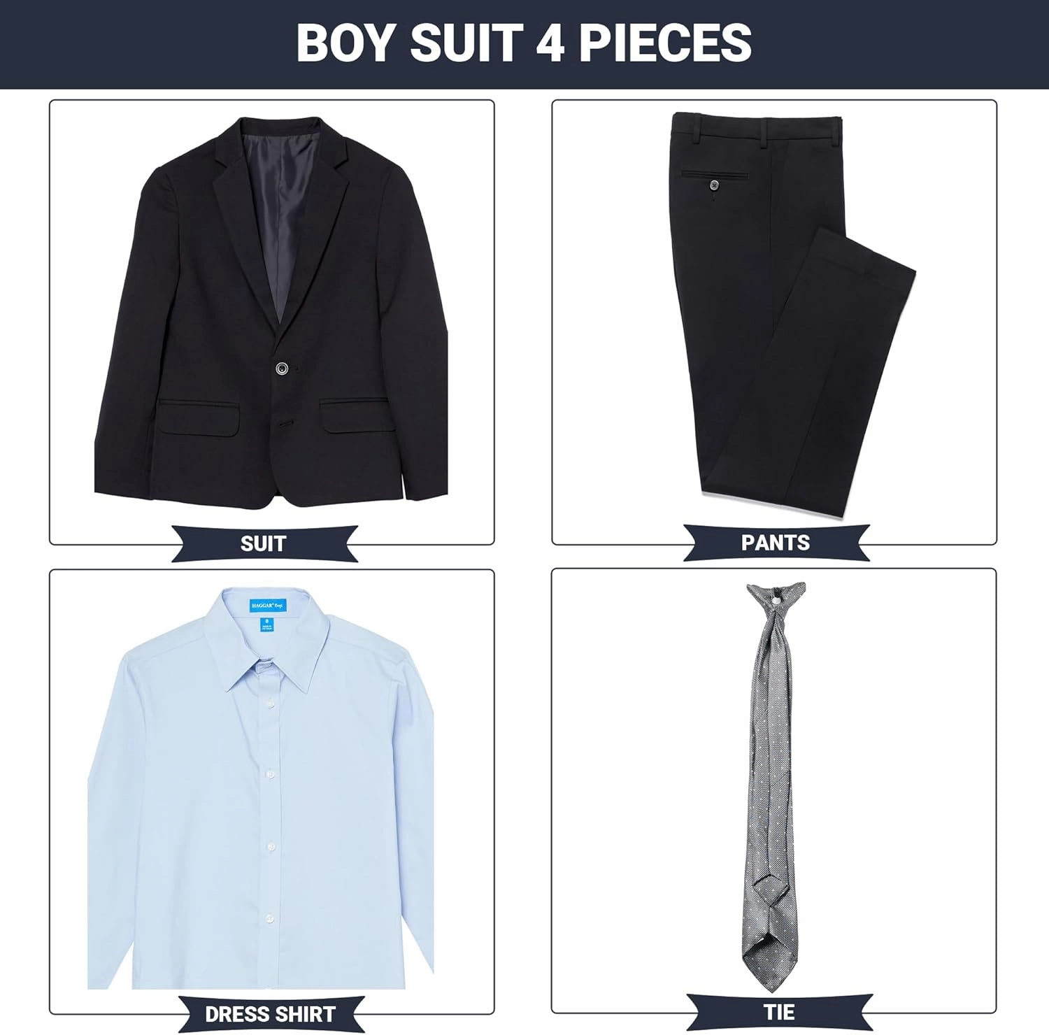 Haggar Boys' 4-Piece Suit, Dress Shirt & Tie Set