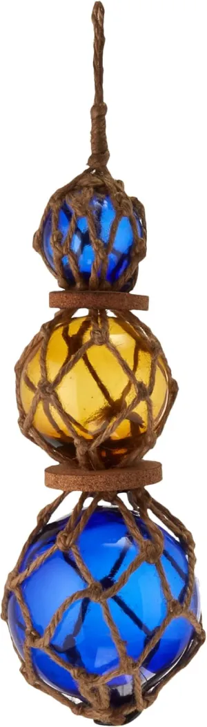 Hampton Nautical 3xglass-101 Amber-Blue Japanese Ball Fishing Floats with Brown Netting Decoration 11"-Glass Buoy