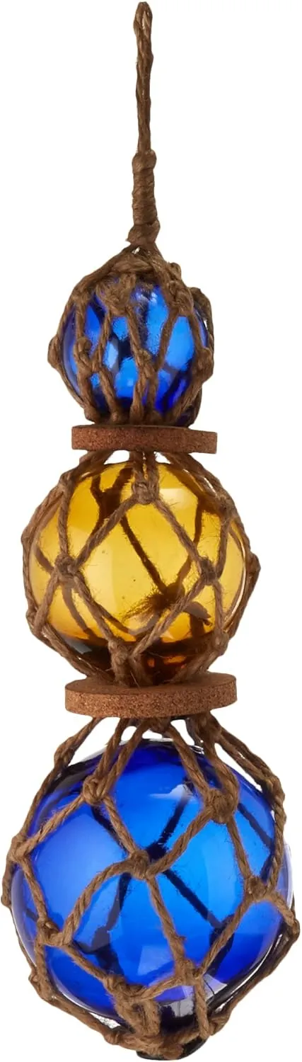Hampton Nautical 3xglass-101 Amber-Blue Japanese Ball Fishing Floats with Brown Netting Decoration 11"-Glass Buoy